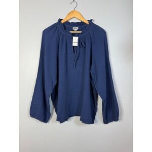 J.Crew Long-sleeve gauze tie-neck‎ top Blue 2X NWT